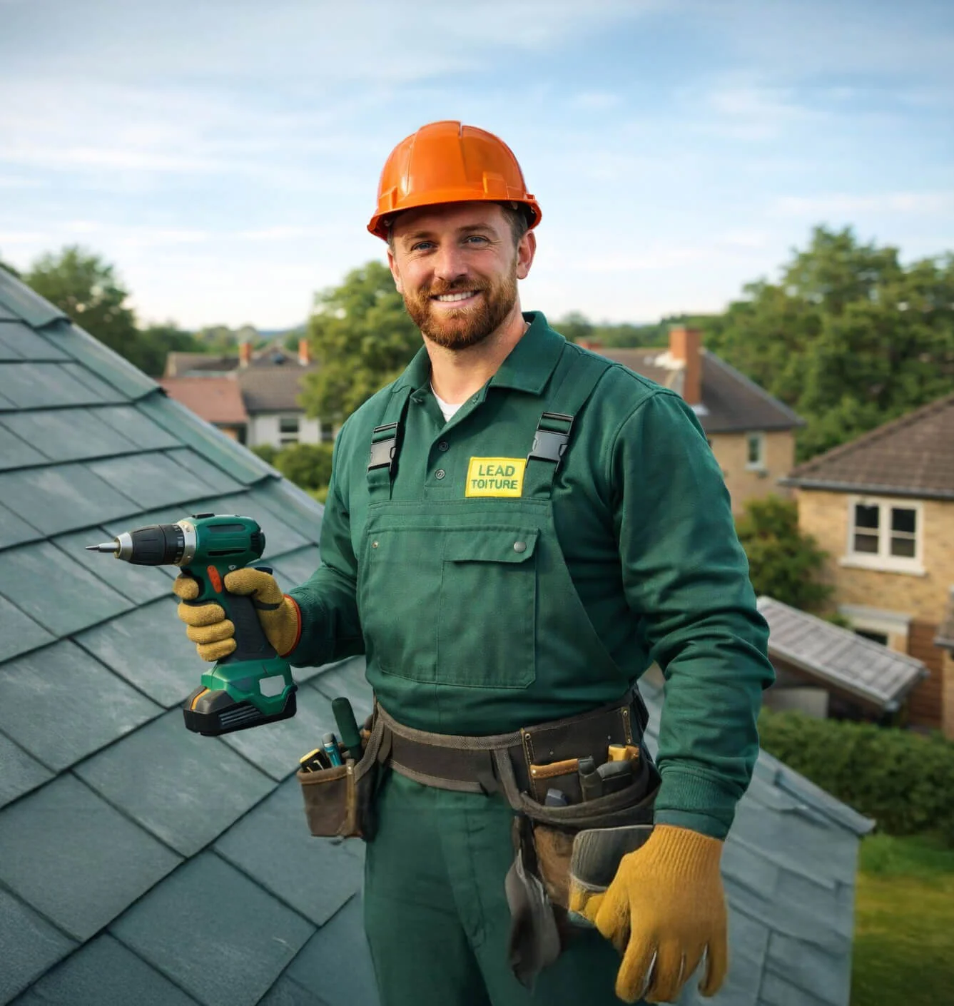 Artisan couvreur travaillant sur une toiture pour un chantier obtenu via Lead Toiture